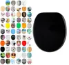 A black toilet seat is shown next to a collage of various decorative toilet seat designs. Náhled obrázku produktu