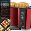 A red toaster with toast in it, alongside a collage of toast slices with toppings, and text detailing the toaster's features. Produktbild-Vorschau