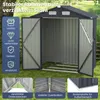 A dark gray metal garden shed with its doors open, set on a grassy lawn. The image includes close-up insets highlighting construction details and text overlays describing features. Náhled obrázku produktu