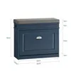 A blue shoe cabinet with a gray seat cushion, shown with dimensions indicated by measurement lines and text. Náhled obrázku produktu