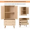 Collage of images showing a wooden cabinet with doors and drawers, highlighting its storage features. Produktbild-Vorschau
