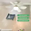 A white ceiling fan with an integrated light is shown against a light-colored wall. Decorative triangular shelves with the letter 'A' are on the wall. Text overlays highlight product features. Náhľad obrázku produktu