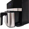 Close-up of the side and front of a black and silver air fryer. Produktbild-Vorschau