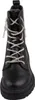 A close-up front view of a black lace-up boot with silver, glittery laces. Voir les images du produit