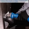 A person is using a blue angle grinder to work on a metal surface. Produktbild-Vorschau