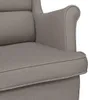 A close-up view of the armrest and seat cushion of a taupe fabric armchair. Náhľad obrázku produktu