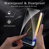 A hand is shown applying a screen protector to a smartphone. The screen protector is depicted with water droplets and a fingerprint icon, highlighting its waterproof and anti-fingerprint features. Produktbild-Vorschau