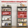 Two metal shelving units are shown, one with a narrow shelf height and one with a wide shelf height, demonstrating adjustable shelf spacing for different sized items. The shelves are filled with kitchenware and food items. Produktbild-Vorschau