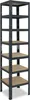 A tall, narrow, dark gray metal shelving unit with six wooden shelves, shown against a white background. Podgląd zdjęcia produktu