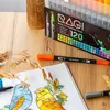 A flat lay of art supplies including markers and a drawing of birds on a wooden table. Produktbild-Vorschau
