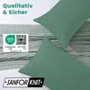 Two green pillows are shown on a textured gray blanket. There are marketing labels and text overlays on the image. Produktbild-Vorschau