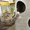 A cat is scratching a cat tree with holes and a crown graphic above its head. Produktbild-Vorschau