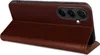 A brown leather flip case for a smartphone is shown standing upright. Produktbild-Vorschau