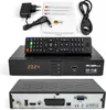 A product shot of a digital receiver and its accessories, including a remote control, power adapter, cables, and manuals, arranged on a white background. Produktbild-Vorschau
