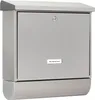 A modern, silver mailbox with a lock and a nameplate. Produktbild-Vorschau