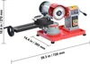 A red and gray electric saw blade sharpener is shown on a white background with measurement indicators. Voir les images du produit