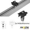 Close-up of solar panel mounting hardware on an aluminum rail, with dimensional diagrams and product branding. Produktbild-Vorschau