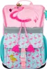 A pink flamingo backpack with a fluffy flamingo applique and a crown on its head. Anteprima dell’immagine prodotto