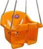 A bright orange plastic baby swing with white straps, suspended by metal chains against a white background. Náhľad obrázku produktu