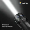 A flashlight emitting a bright beam of light, with brand logo and feature text. Produktbild-Vorschau