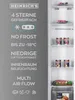 A close-up of a refrigerator's side panel with text describing its features, and a partial view of the interior shelves with food items. Produktbild-Vorschau