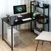 A black computer desk with shelves, a computer, keyboard, mouse, and various desk accessories. Podgląd zdjęcia produktu