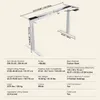 A diagram of a white electric standing desk frame with dimensions and specifications listed below. Voir les images du produit