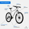 A white mountain bike with various features labeled with text. Produktbild-Vorschau