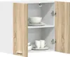 An open cabinet with shelves displaying dishes and mugs. Produktbild-Vorschau