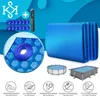 A collage of images showcasing a blue pool solar cover and its accessories, along with icons representing product features. Produktbild-Vorschau