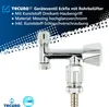 A product shot of a chrome plumbing valve with descriptive text and logos. Produktbild-Vorschau