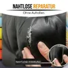 Schwarze Lederoberfläche mit einem Riss, eine Hand, die einen transparenten Reparaturflicken aufträgt, und Text 'NAHTLOSE REPARATUR' Anteprima dell’immagine prodotto