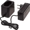 A black battery charger and its adapter are shown against a white background. Produktbild-Vorschau