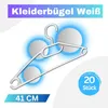 A white plastic clothes hanger is shown against a white and light gray background with glowing blue circles. Produktbild-Vorschau