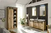A modern bathroom with a rustic wooden vanity, a tall cabinet, and a large window. Produktbild-Vorschau