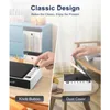 A split image showing a product with text overlays highlighting features. The left side shows a close-up of a hand interacting with a knob on the product, with a desk and office supplies in the background. The right side shows a hand lifting a dust cover f Produktbild-Vorschau