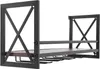 A black metal and wood wine rack with stemware holders is shown against a white background. Podgląd zdjęcia produktu