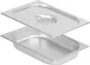 A stainless steel food pan and lid, presented separately. Voir les images du produit