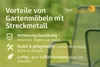 A close-up of a green metal garden chair with text overlay highlighting its features. Produktbild-Vorschau