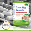 A product box for SUNLIFE® Darm Plus Kapseln is shown in front of a blurred background of white capsules. Produktbild-Vorschau