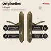 A pair of antique gold door handles with informational icons and text. Produktbild-Vorschau
