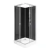 A modern shower cabin with black glass panels and a white base, presented on a white background. Produktbild-Vorschau