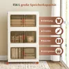 A three-tiered storage cabinet with transparent doors, filled with various items, set against a neutral background with marketing callouts on the right. Voir les images du produit