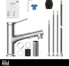 A collection of bathroom faucet components and instructions laid out on a white background. Podgląd zdjęcia produktu