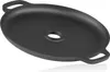 A black cast iron griddle with handles and a central hole. Náhled obrázku produktu