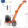 A concrete floor grinder with various accessories laid out around it, presented on a white background with dimensions indicated. Produktbild-Vorschau