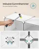 A hand is shown using a rubber mallet to assemble a white modular storage unit, with close-up diagrams illustrating the assembly mechanism. Produktbild-Vorschau