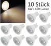 A collage showing a single LED spotlight bulb emitting light on a dark background and a group of ten identical LED spotlight bulbs on a white background. Produktbild-Vorschau
