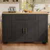 A kitchen island with a wooden countertop and black cabinets is shown in a kitchen setting. Voir les images du produit