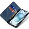 A blue denim leather wallet case for an iPhone 15 is shown open, displaying the phone and card slots. Produktbild-Vorschau